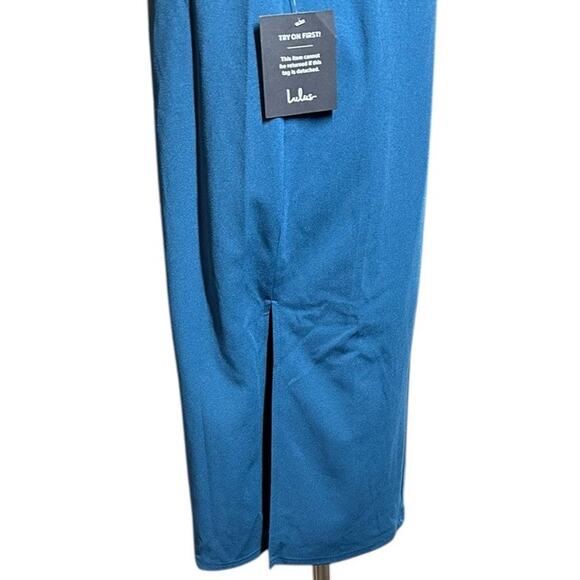 Lulus Passionate Aura Teal Blue Textured Strapless Bustier Midi Dress Sz M NEW - Picture 5 of 11